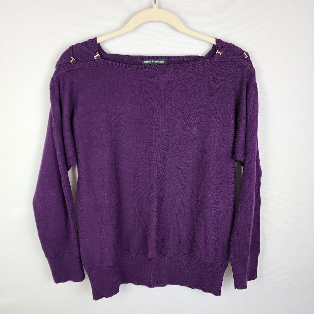 Cable & Gauge Womens Purple Boat Neck Sweater‎ Gold Shoulder Detail Size M